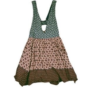 Lulu's La Vie en Roses Dress Womens M Boho Print Colorblock Mini Cutout Lace Up
